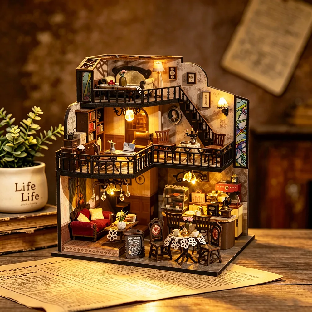

DIY Miniature Retro Coffee Shop Dollhouse Kit,3-Level WoodenBuilding Model with LED Lights,Handmade Craft&Decor for Adults&kids