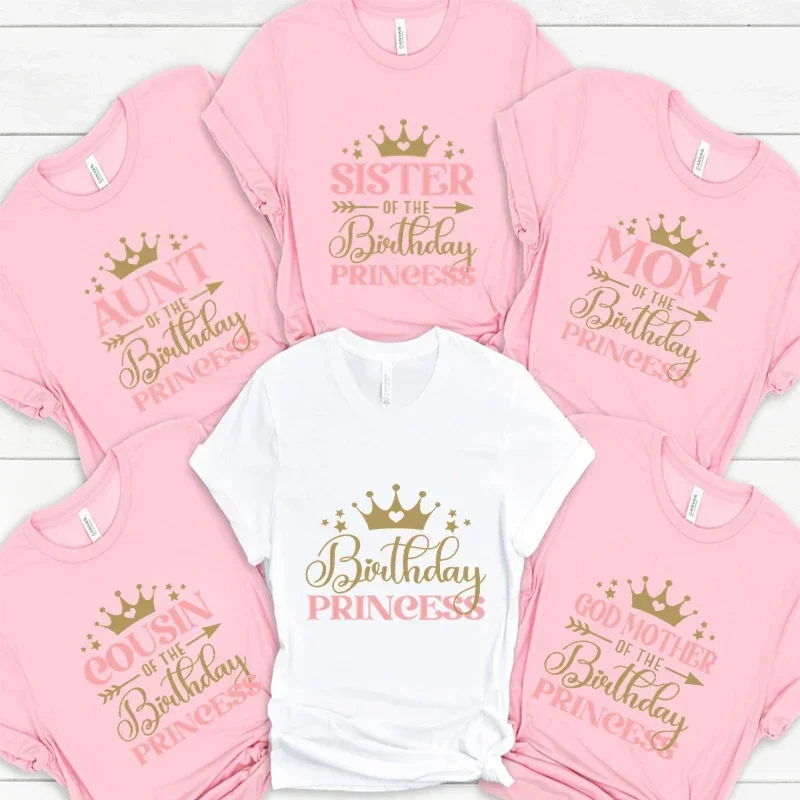 Birthday Princess Bundle Dad Mom of The Girls Birthday Party Tshirt O Neck Tops Short Sleeve White Pink Aesthetic Clothes