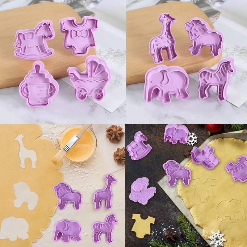 

4pcs/set Baby Shower Plastic Baking Mold Birthday Animals Biscuit Cookie Cutter Pastry Plunger Fondant Cake Decorating Tools 75z