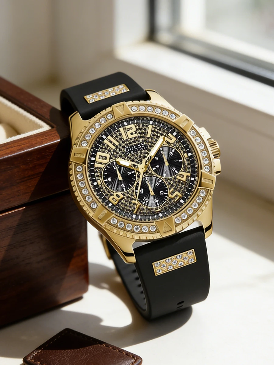 Reloj GUESS W1132G1 para hombre Frontier 48 mm, acero inoxidable dorado, cristal, correa de silicona negra, resistente al agua, multifunción, cuarzo