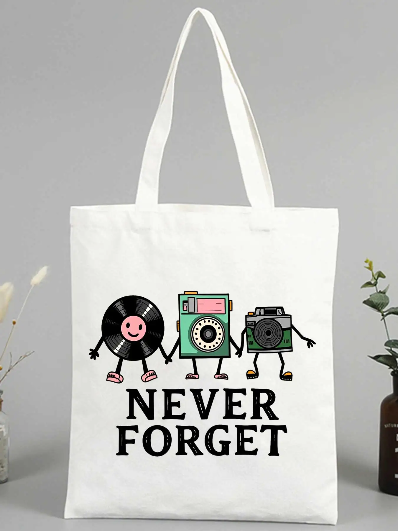 retro music and camera graphic canvas tote bag, vintage style for casual daily use and weekend outings