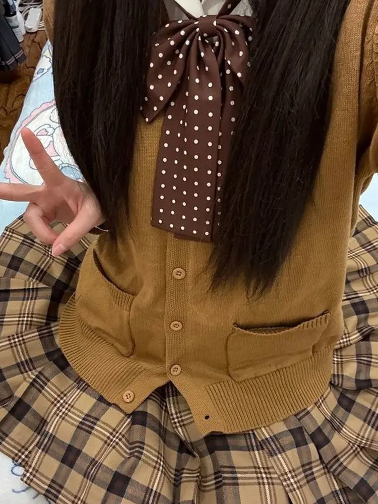 

Japanese Sle JK orm School Wind Knitted Cardigan Sweater Layering Brown Plaid Skirt Women's Autumn Winter Set School Su...
