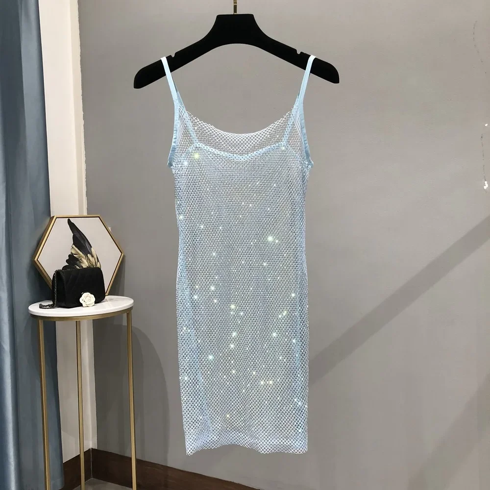 2024Spring and Summer Sparkling Bright Diamond Glitter Halter Dress Hollow Out See-through Celebrity Sexy Backless Halter Dress