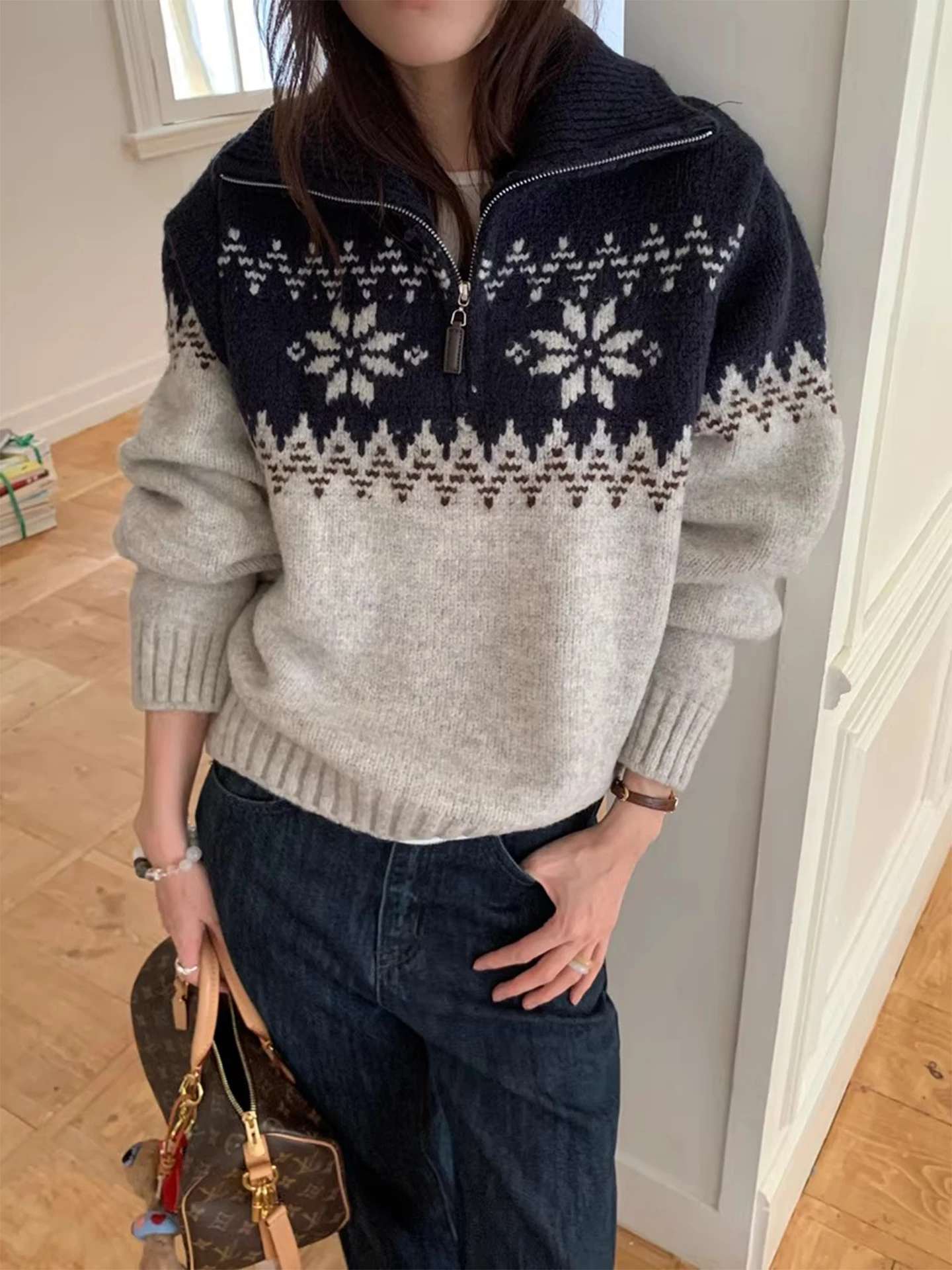 

Мягкий вязаный свитер Fce Fair Isle, женский повседневный свободный крой, зимний новый удобный вязаный топ на молнии