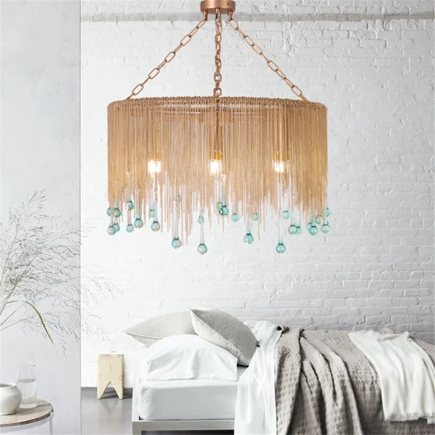 

American Copper Chain Blue Glass Drop Chandeliers Lights Retro Luxury Living Room Bedroom Lamps French Dining Hanging Fixtures