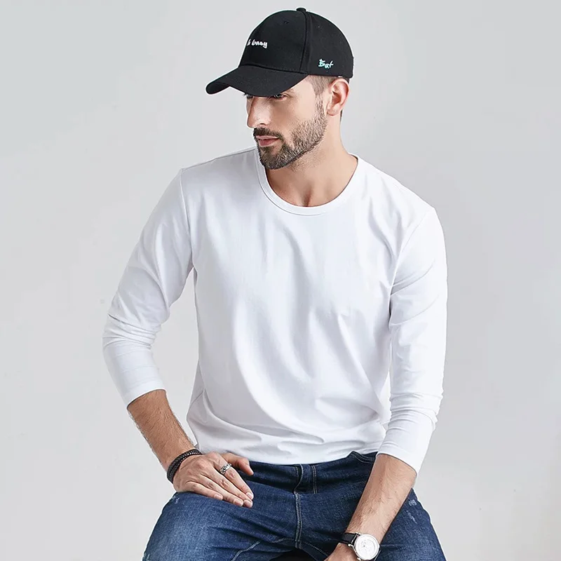 Large Size Solid Color Tops Men Long Sleeves Cotton T-shirt Loose Breathable O-Neck Undershirts Sweat-absorbent Soft Underwear