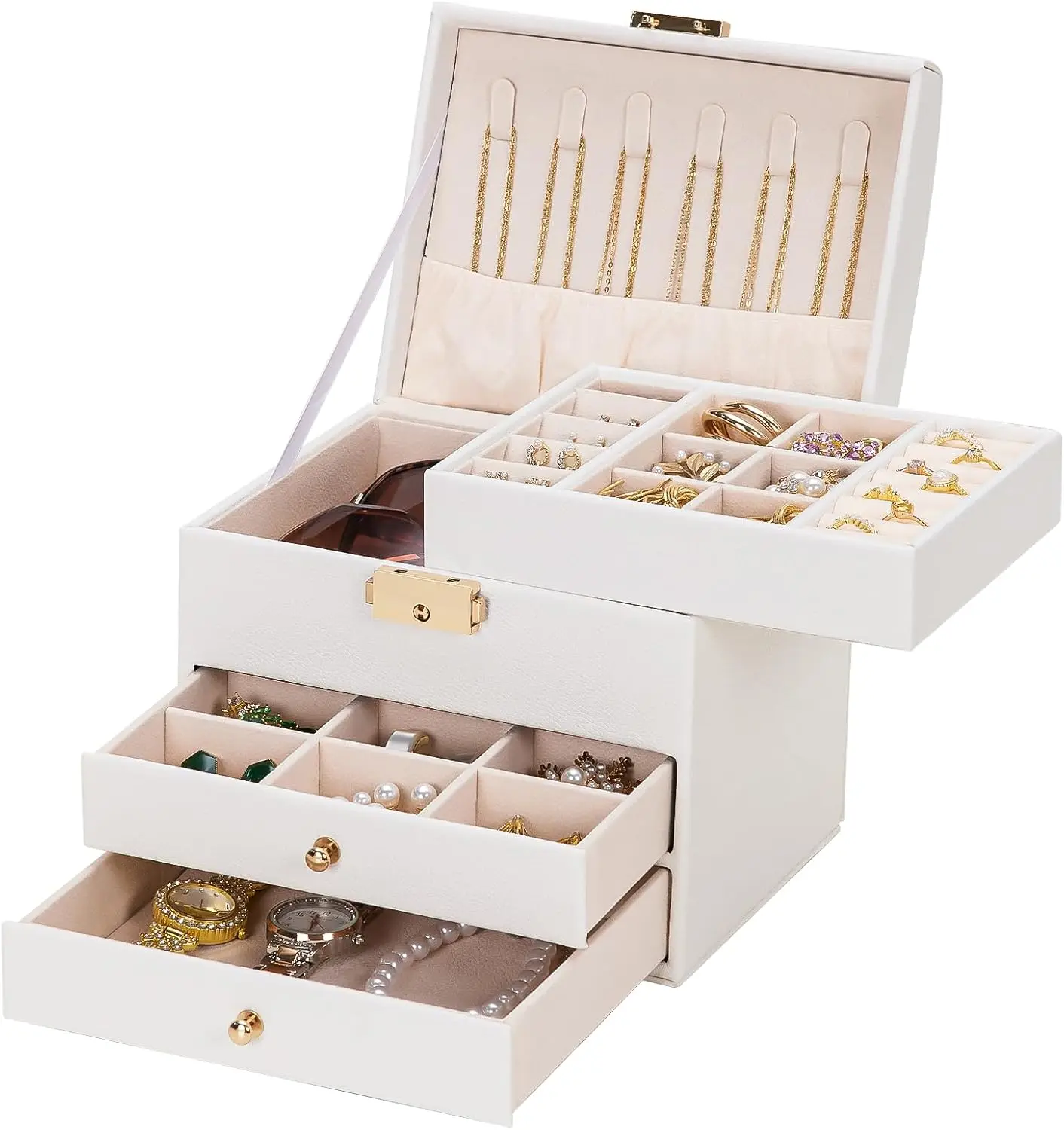 

Mothers Day Gifts Small Girls Jewelry Box with Lock: 3 Layer Organizer with Removable Tray - Storage for Ring Necklace Earring - Birthday & Return Gifts for Young Women (Cloud White)