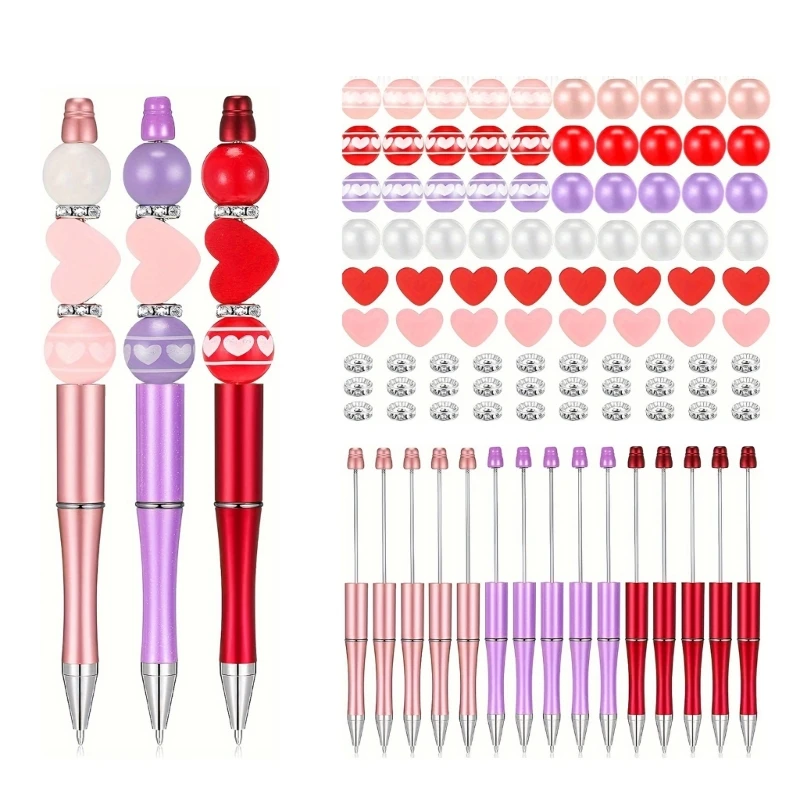 121Pcs DIY Ballpoint Pen Set with Beadable Ballpoint Pen, Round/Heart Beads, DIY Heat Transfer Pen Funny Writing Pen