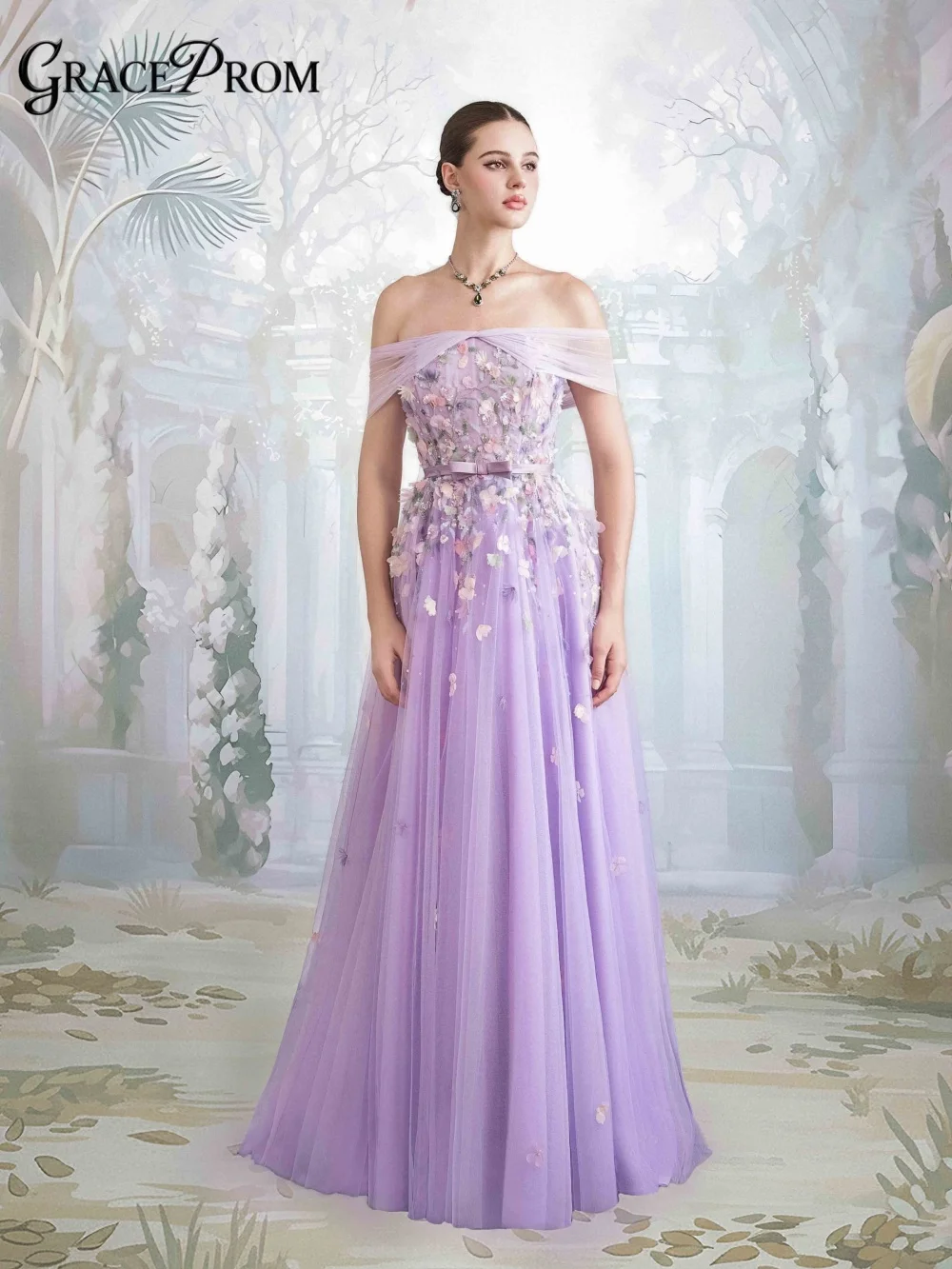 Vestido de Noche Premium Lavanda con Hombros Descubiertos, Apliques Florales 3D, Cinturón con Lazo, Corte A, para Fiesta Formal, Baile de Graduación, Invitada de Boda