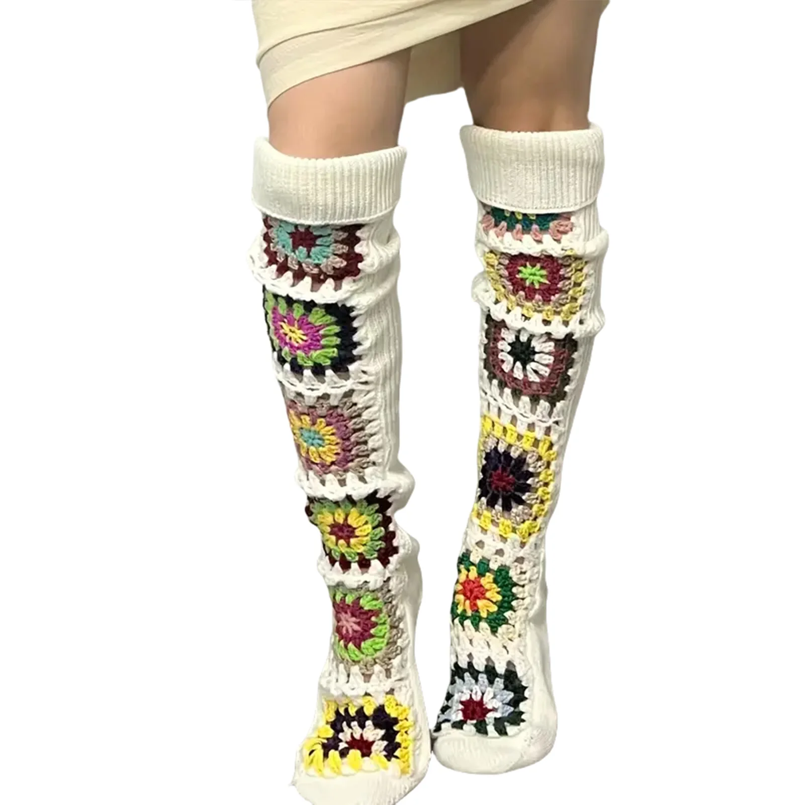 Gestrickte Overknee-Socken, modische Strümpfe mit buntem Blumen-Design für den täglichen Gebrauch, Party, Cosplay