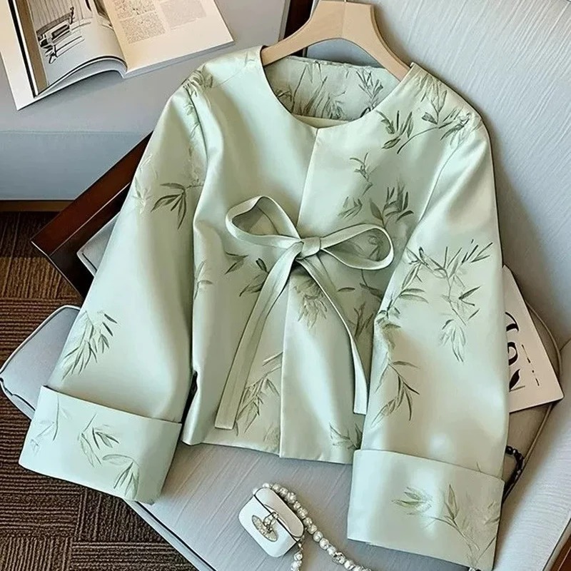 

Green short Jacquard Jacket New Chinese Crewneck Top Women's Spring Luxury Outwear High-end Improved Tang suit bowknot Lace Coat
