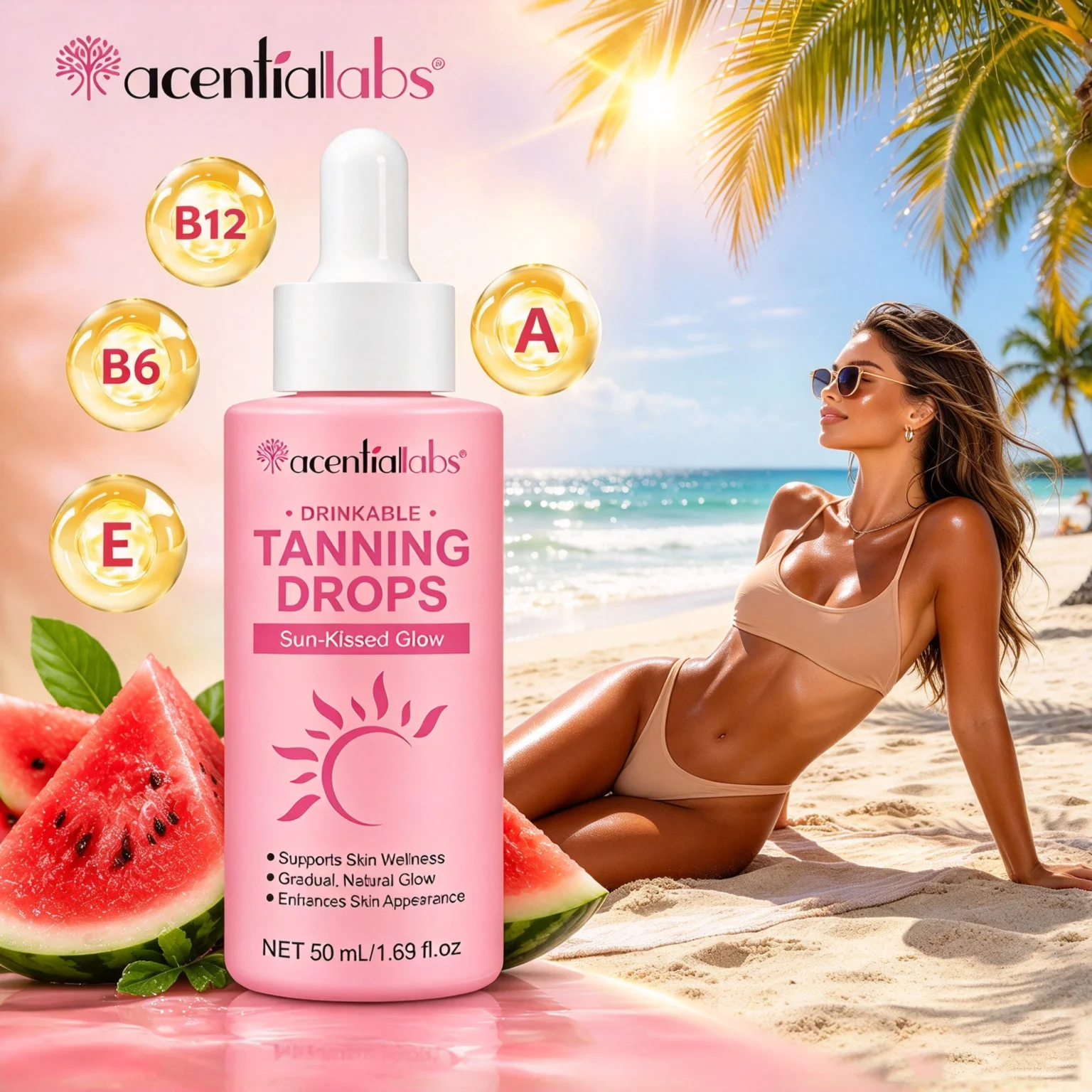 Drinkable Tanning Drops Promote Skin Tan &Gradual Natural Glow &Even Skin Tone & Soothe Redness Vitamin 50ml for Sun-kissed Glow
