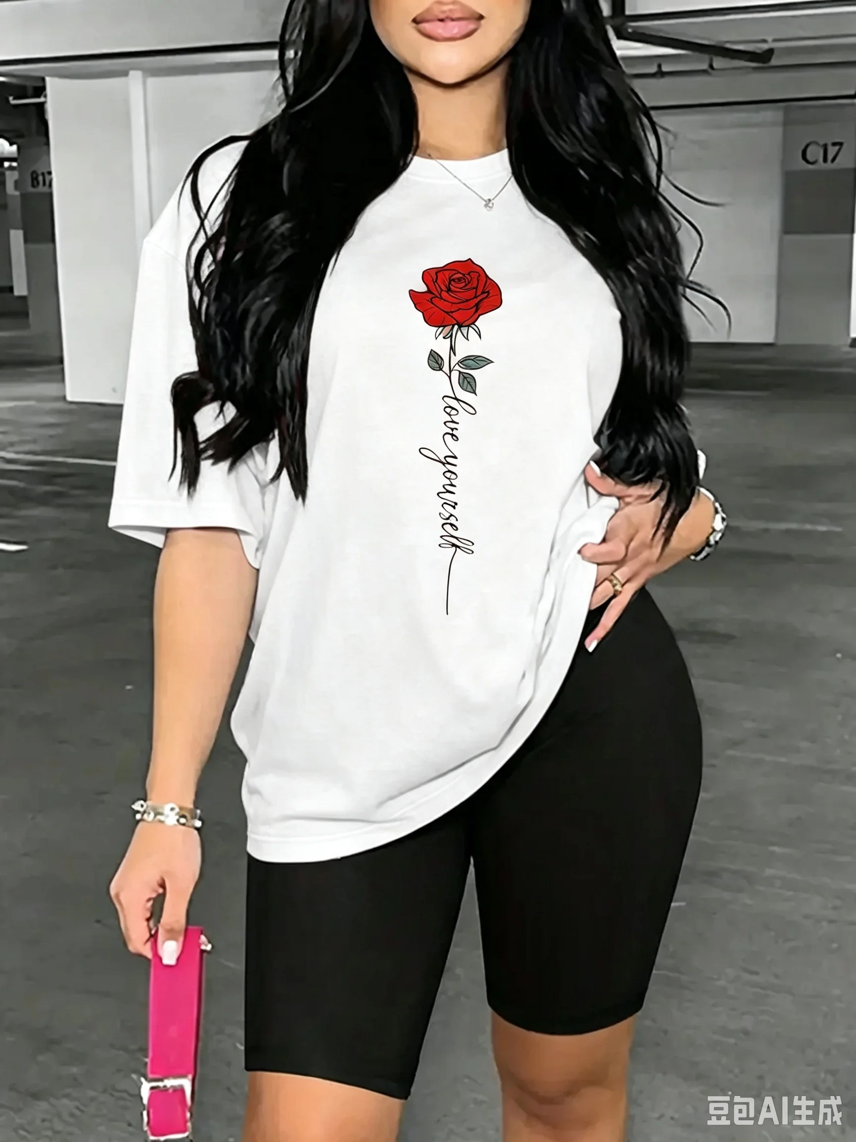 Casual Loose Fit Red T‑Shirt Romantic Rose Flower Love Yourself Letter Graphic Print Cotton Short Sleeve Daily Streetwear Tops