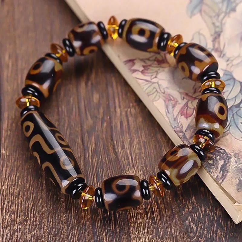 Tibetan 39 Eye Dzi Bead Bracelet Agate Chalcedony Hand Beads Vintage Jewelry