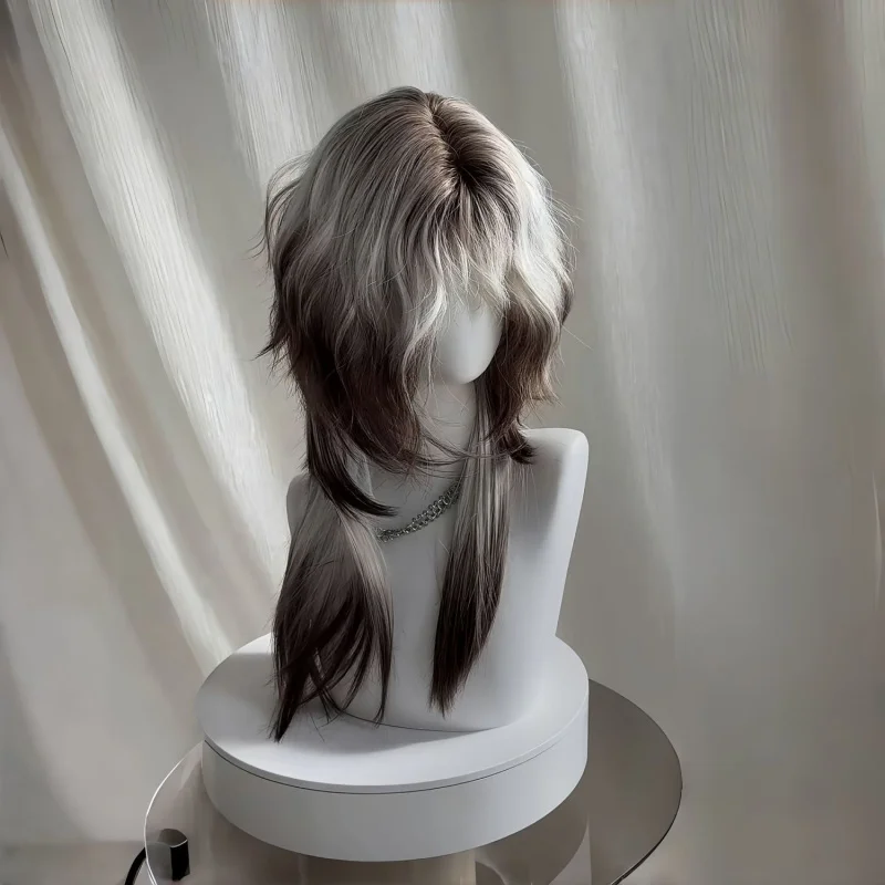 Wig with mullet cut, long length, wolfish youthful look, white-brown gradient, jellyfish curls, natural high-layered full headpi