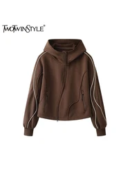 TWOTWINSTYLE Hit Color Patchwork Pocket Casual Coats For Women Hooded Long Sleeve Spliced Zipper Loose Jacket Female Fashion New