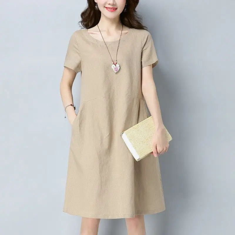 

Women's 2024 Summer New Korean Edition Spliced Pullover O-Neck Fashion Solid Pocket Loose Versatile A-line Cotton Hemp Dress