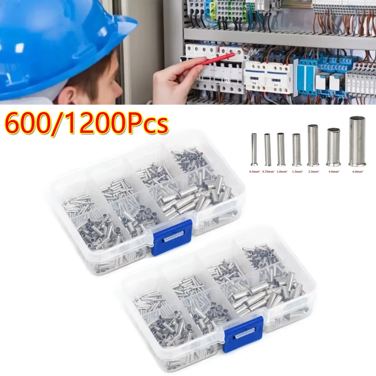600/1200Pcs Tin-coated Copper Uninsulated Crimp Terminal Ferrules End Ferrules Cord End Electrical Wire Cable Connections Splice