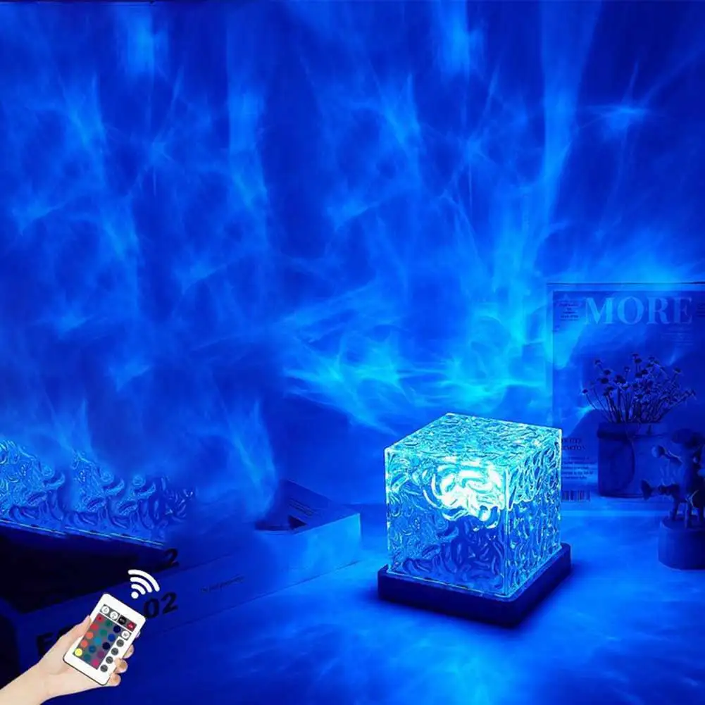 Dynamic Water Ripple Night Light 16 Colors Flame Crystal Lamp Remote Control Water Ripple Cube Colorful Night Light Home Decor