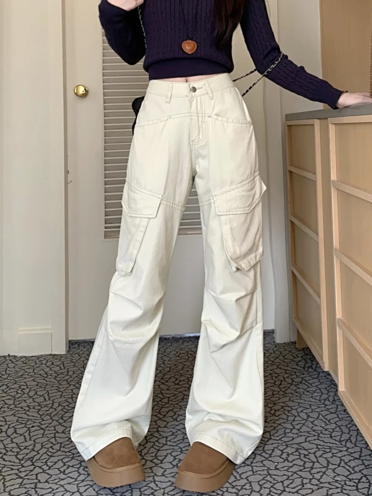 

2025 Hosen Y2K Fashion Beige Pleated Baggy Cargo Jeans Pants For Women Clothing Straight Korean Casual Lady Trousers Ropa Mujer