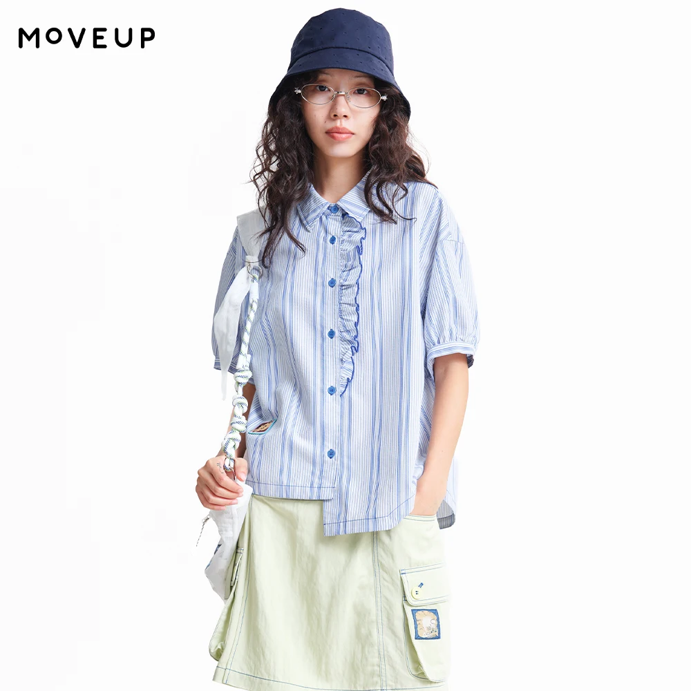 

MOVEUP Women's Striped Shirt 2026 Spring New Ruffle Placket Fun Patch Asymmetrical Hem Loose Casual Cropped Blouse 3ELC20409