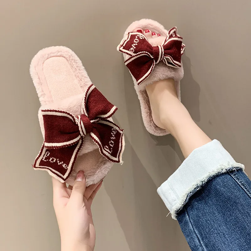 COOTELILI 2022 New Fashion Warm Women House Slippers Warm Shoes Woman Flats Bow Decoration Slippers Comfortbal Size 36-41