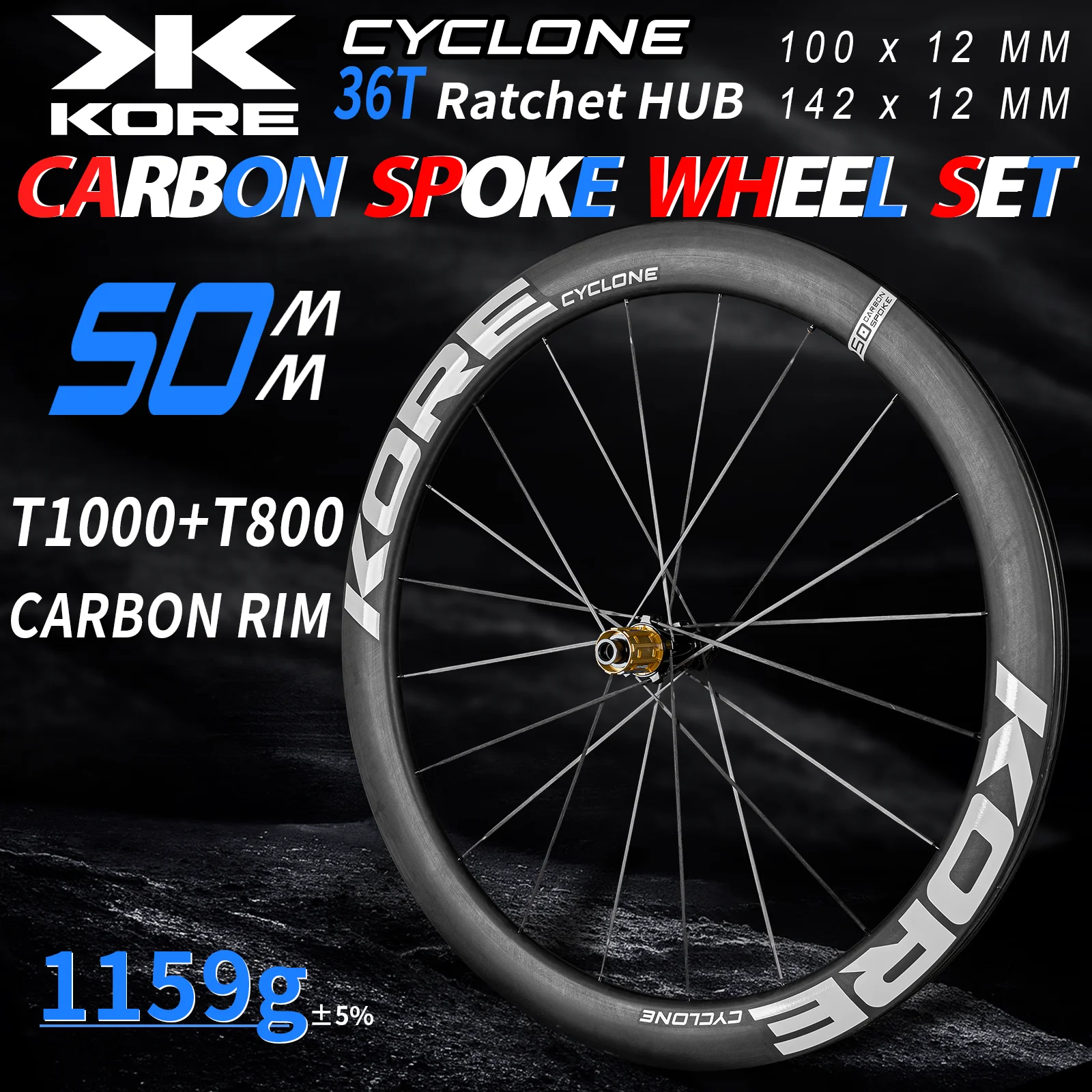 

KORE Carbon Spoke Wheel 700C Road Racing Wheelset Tubeless&Clincher Disc Brake HG XDR Hub 1159g Carbon Rim Road Bike Wheel set