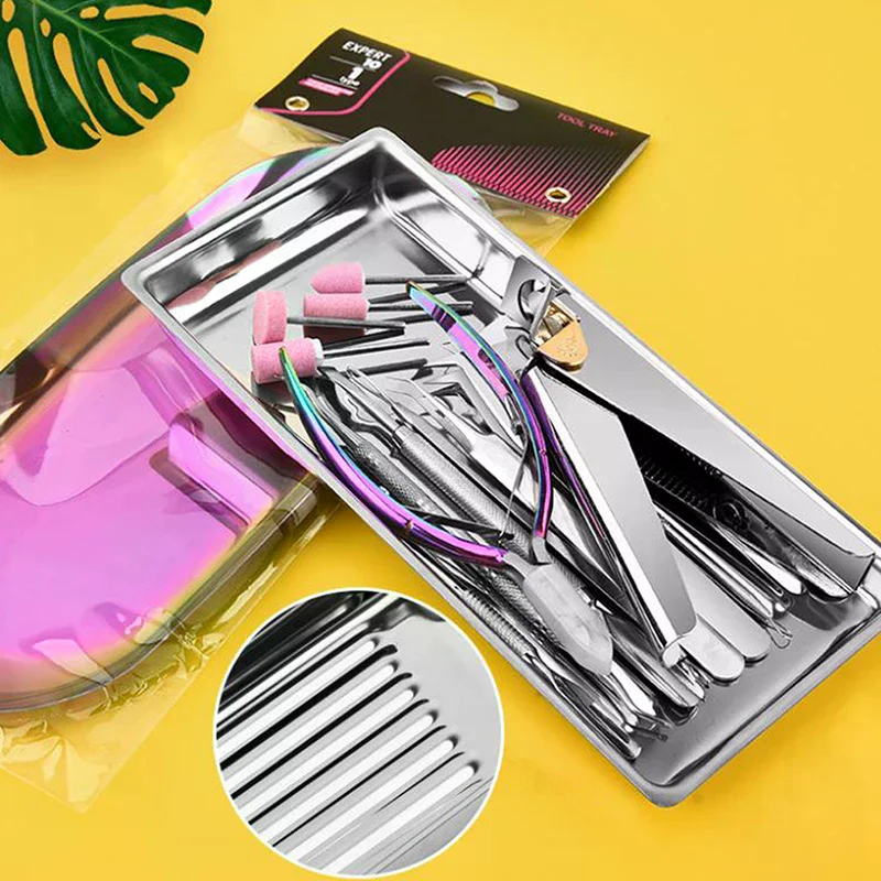 Placa de equipo de Arte de uñas de acero inoxidable, bandeja Dental quirúrgica para médico, bandeja de almacenamiento de cosméticos, suministros de platos para uñas postizas, herramientas