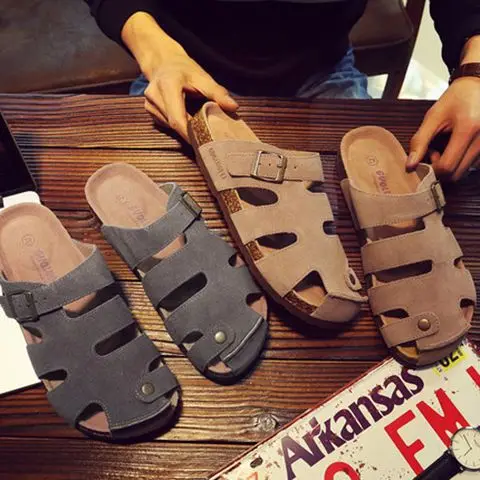 2024 New Men's Slippers Hollow-out Closed Toe Sandals Summer Outdoor Beach Fashion Personality Outdoor Plus Size Cork Shoes