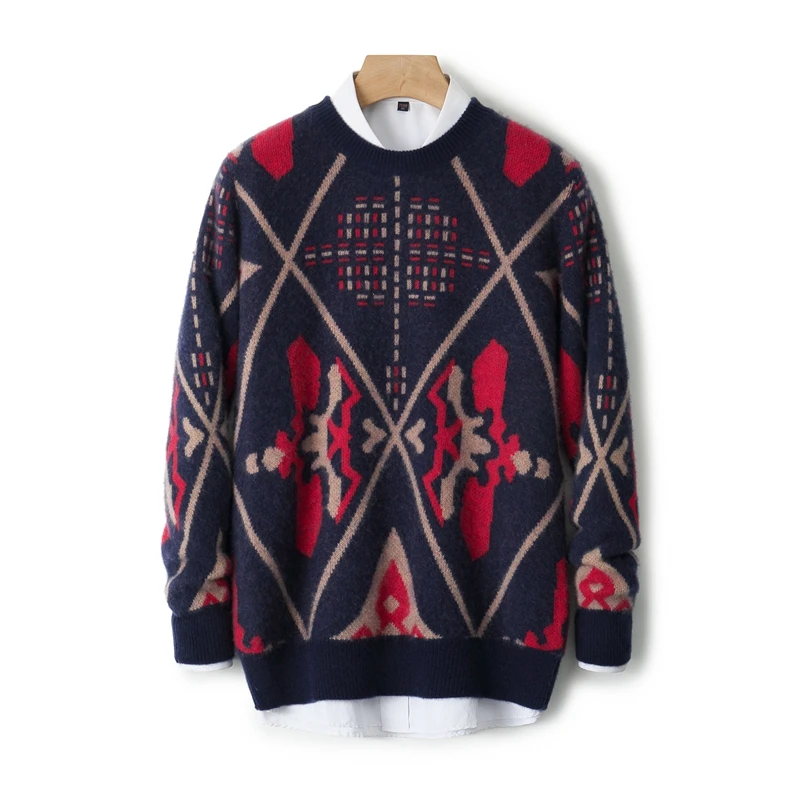 

Men's 100% Merino Wool O-Neck Pullover Retro Jacquard Thickened Sweater Autumn Winter Threaded Hem Men's Warm Knitted Top