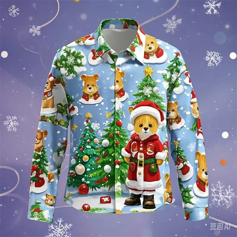 Full Print Merry Christmas Long Sleeve Shirts For Men Santa Claus Pattern Casual Oversized Button Up Shirts Blouse For Men