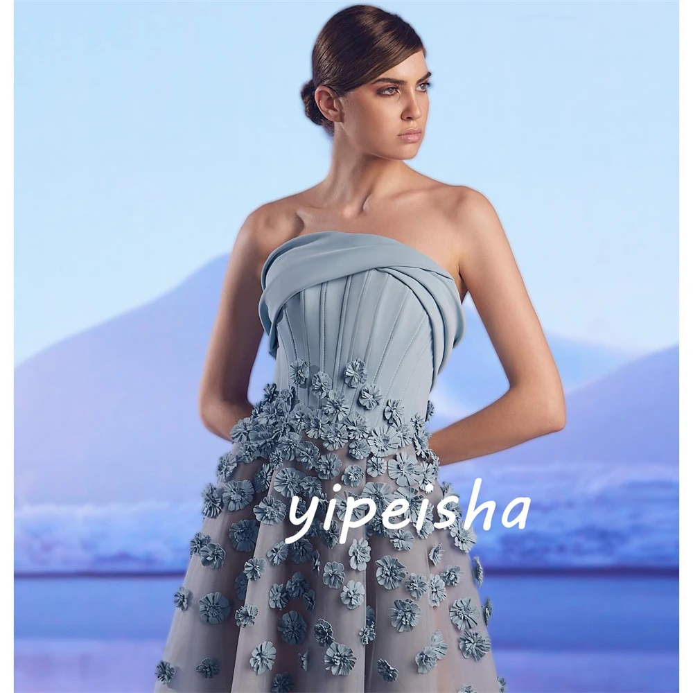 Organza Applique Draped Pleat Prom A-line Strapless Bespoke Occasion Gown Midi Dresses