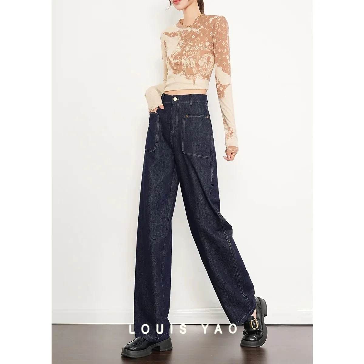 

Autumn Women's Cowboy Pants Design Sense Large Pocket Retro Washed Casual Long Non Elastic Jeans Female Clothing Spring 2025