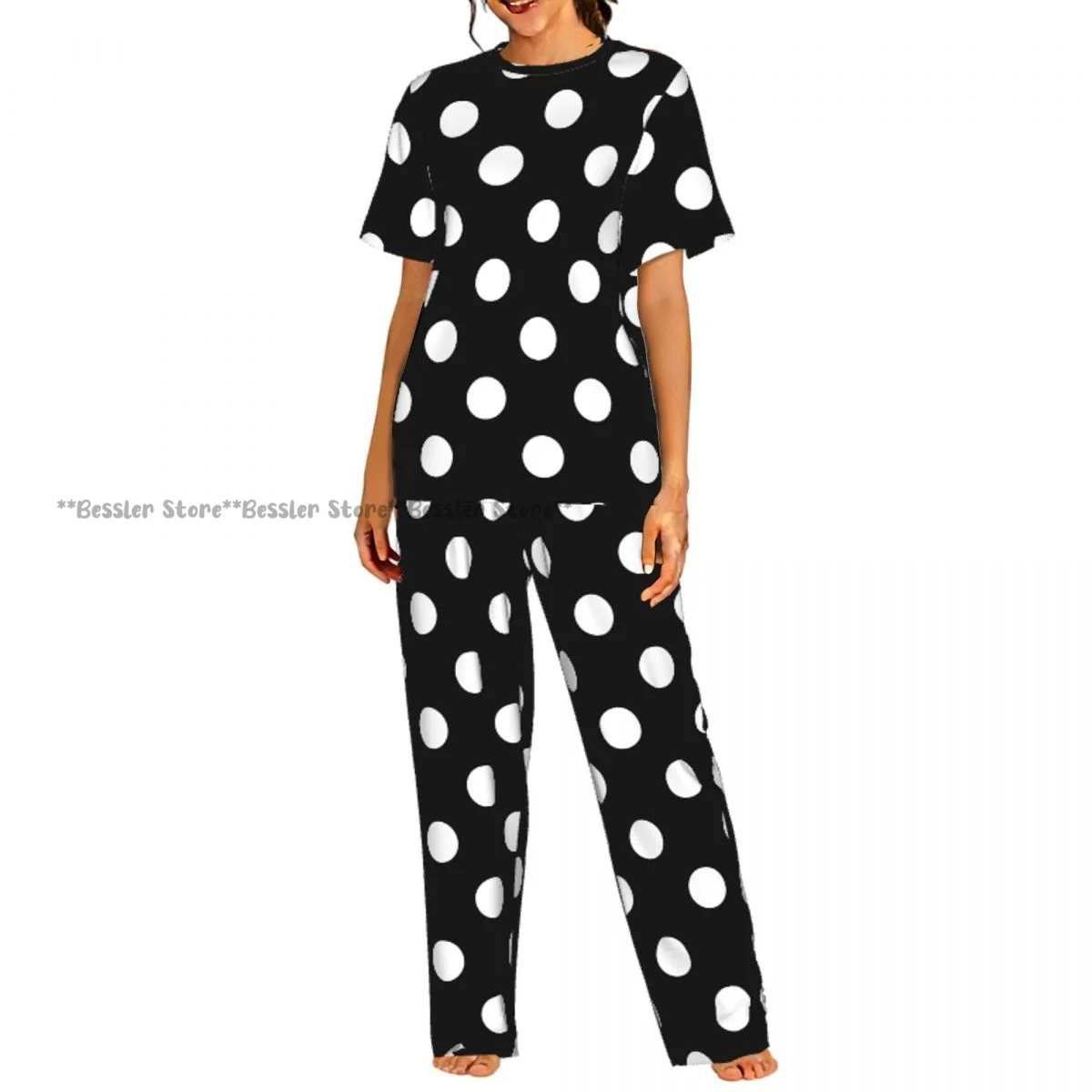 

Black White Polka Dot Pajamas Set Short-sleeved Women Home Clothing