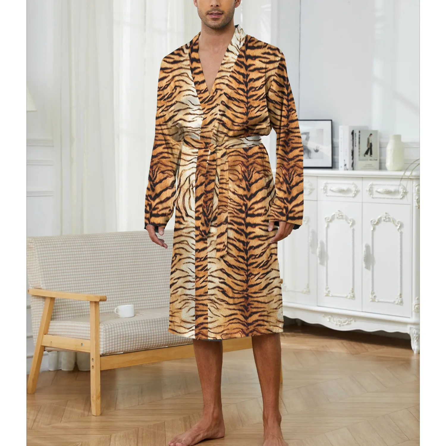 Men's Robes New Personalized Tiger Skin Patterned Men's Nightgown for Home Skin Friendly Thin Quick Drying Loose Fitting Pajamas