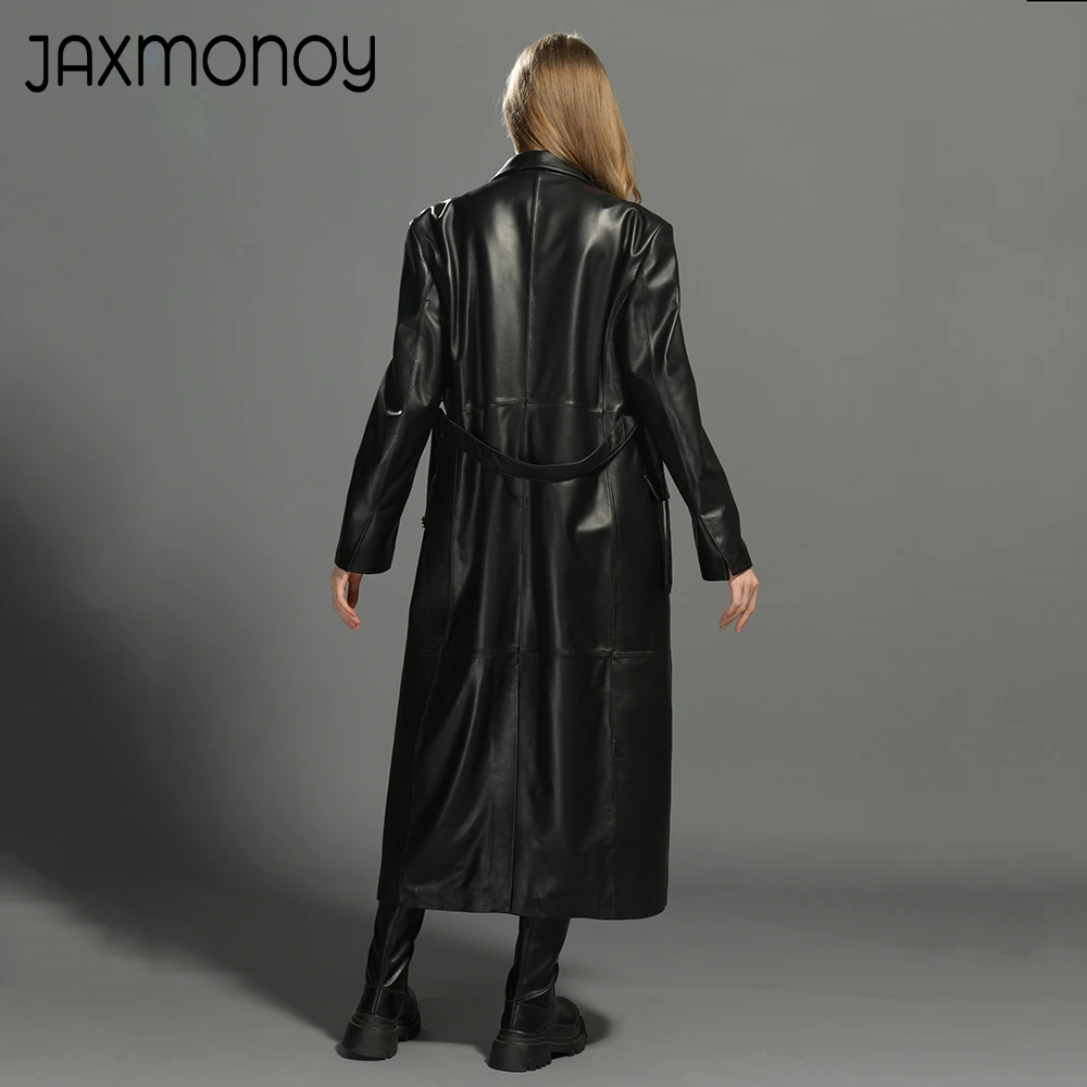 Jaxmonoy เสื้อหนังแท้สำหรับผู้หญิง, เสื้อโค้ทหนังแกะมาใหม่ล่าสุดพร้อมเข็มขัดสีดำยาวหนังแท้คลาสสิกฤดูใบไม้ร่วง