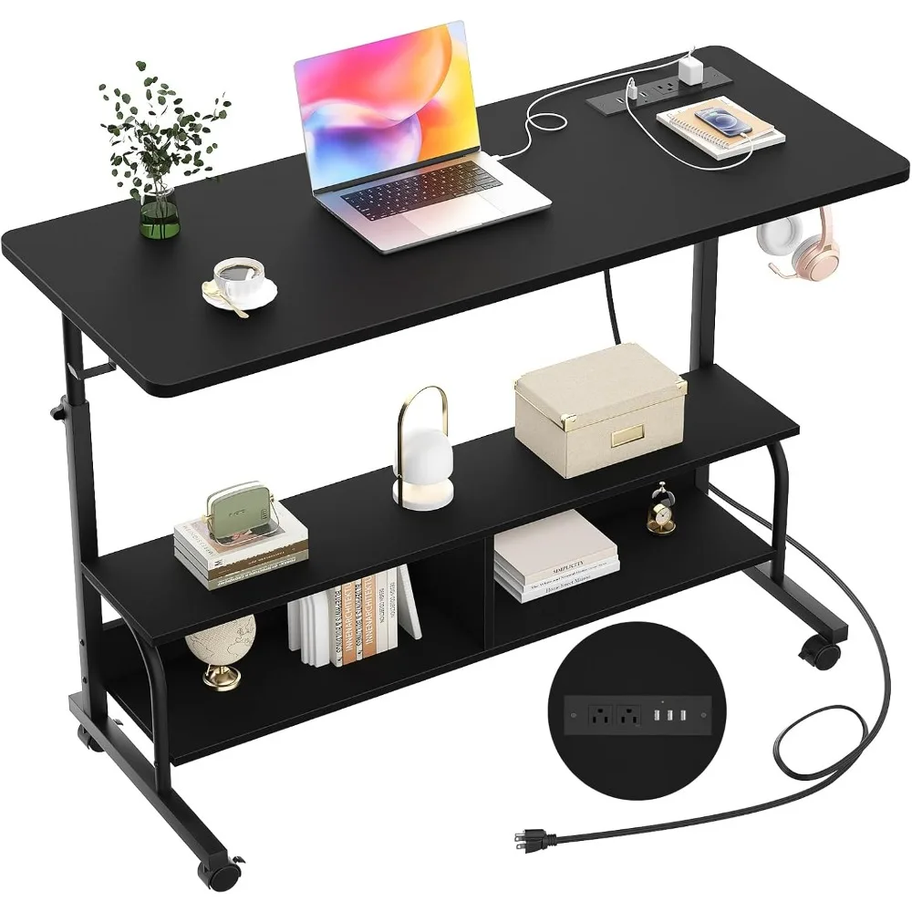 

Adjustable Standing Desk with Power Outlets, 47" Manual Stand Up Desk with Storage Shelves Small Mobile Rolling Computer Desk