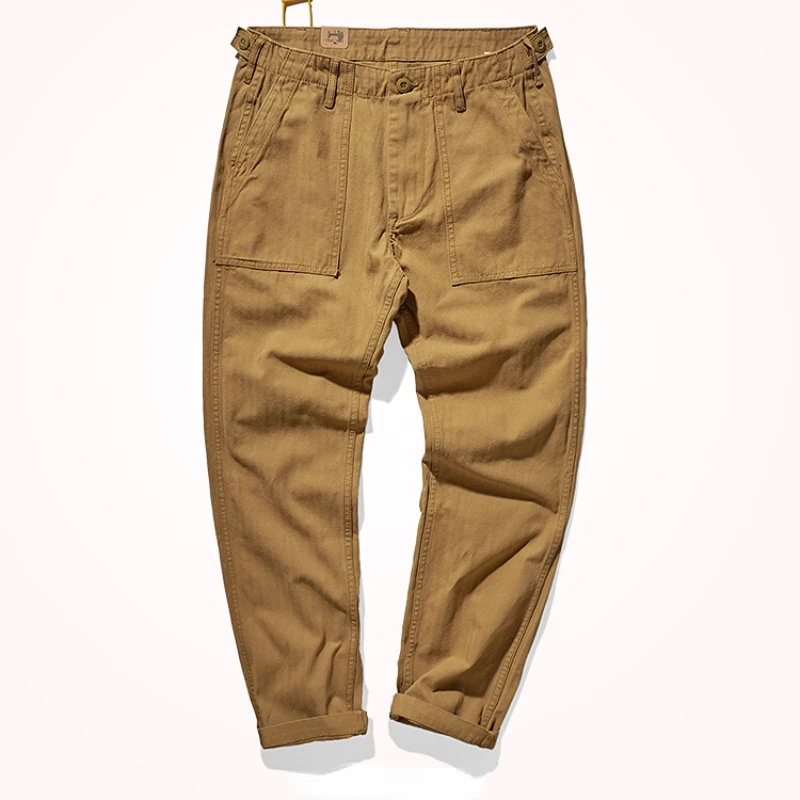 Amy Khaki n casual vintage cargo pants men's straight-leg casual pants cotton fishbone woven awl pants