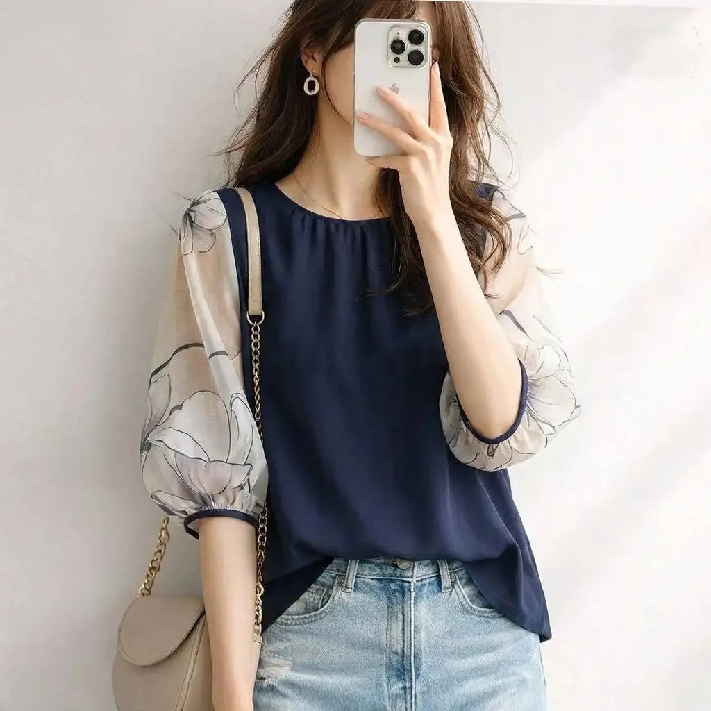 Summer round Neck Splice Print Semi-Transparent 5/4 Sleeve Shirt Women's Top Loose Fit Bell Sleeve Cool Feeling Thin Polyester