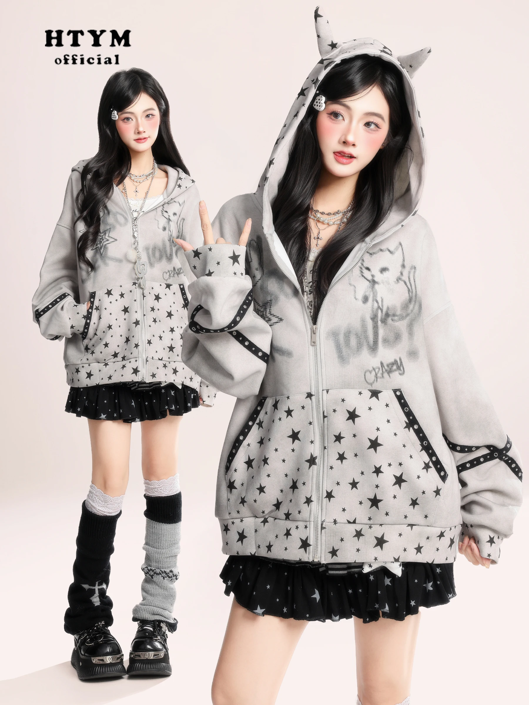 

Y2K Subculture fiti Print Devil Horn Hoodie Jaet Women's Spring Lightweight Loose Open Cardigan Cotton Polyester Blend