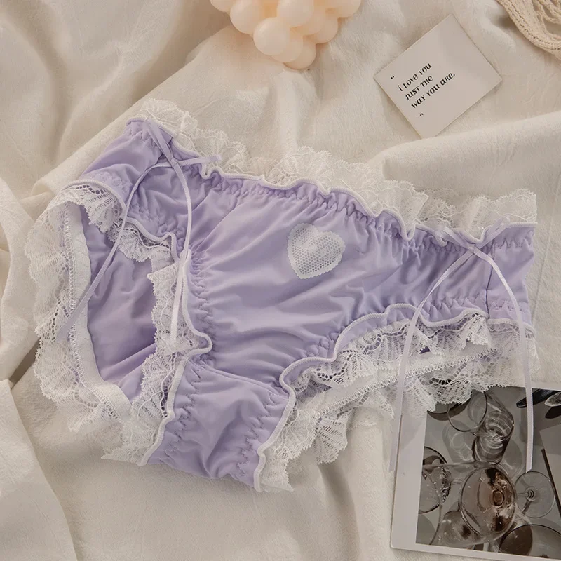 Cute Lolita Lace Panties Girl Underwear Love Sweet Bow Sexy Cool Cotton Crotch Briefs New Solid Color Underpants Loli Lingerie