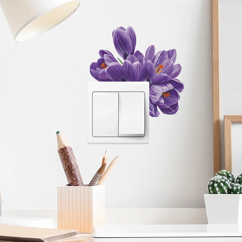 Purple Flowers Switch Decorative Stickers Room Switch Wall Socket Layout Stickers Self-adhesive Waterproof Wallpaper