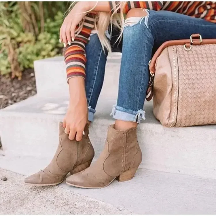 Leather Boots Women Genuine Pointed Toe Mid Heel Ankle Boots Thick Square Heel Slip On Western Boots Cowboy Boots Women New