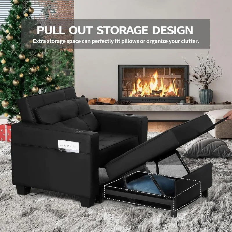 DURASPACE 39 inch Futon Chair Bed Convertible Chair 3-in-1 Pull Out Sleeper Reading Chair Beds with USB, Armchair Sleeper Room