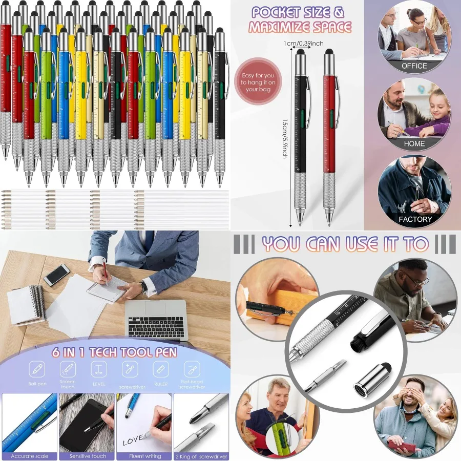 قلم Zonon 36 قطعة 6 في 1 متعدد المهام مع مفك براغي لقياس مستوى المسطرة متعدد الوظائف وأقلام حبر جاف بشاشة تعمل باللمس وأسود I