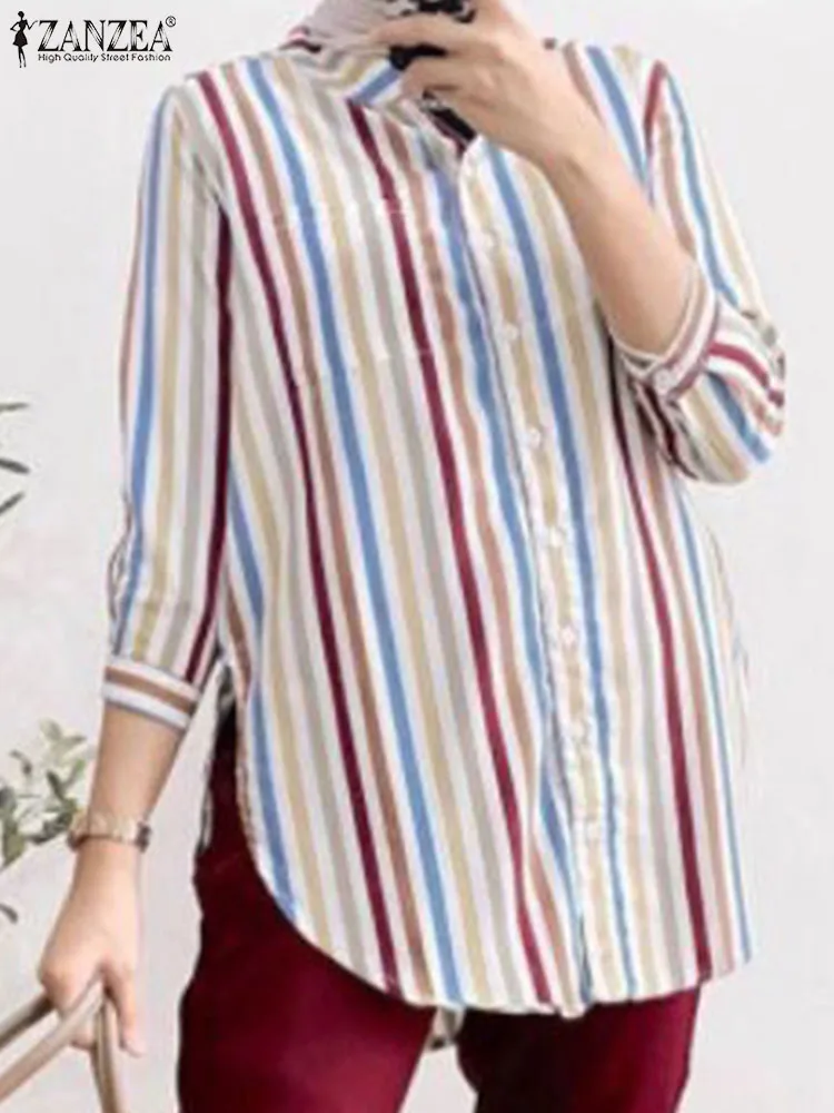 

Fashion Striped Blouse ZANZEA Women Muslim Tops Summer Lapel Neck 3/4 Sleeve Shirt Holiday Work Blusas Casual Kaftan Oversize