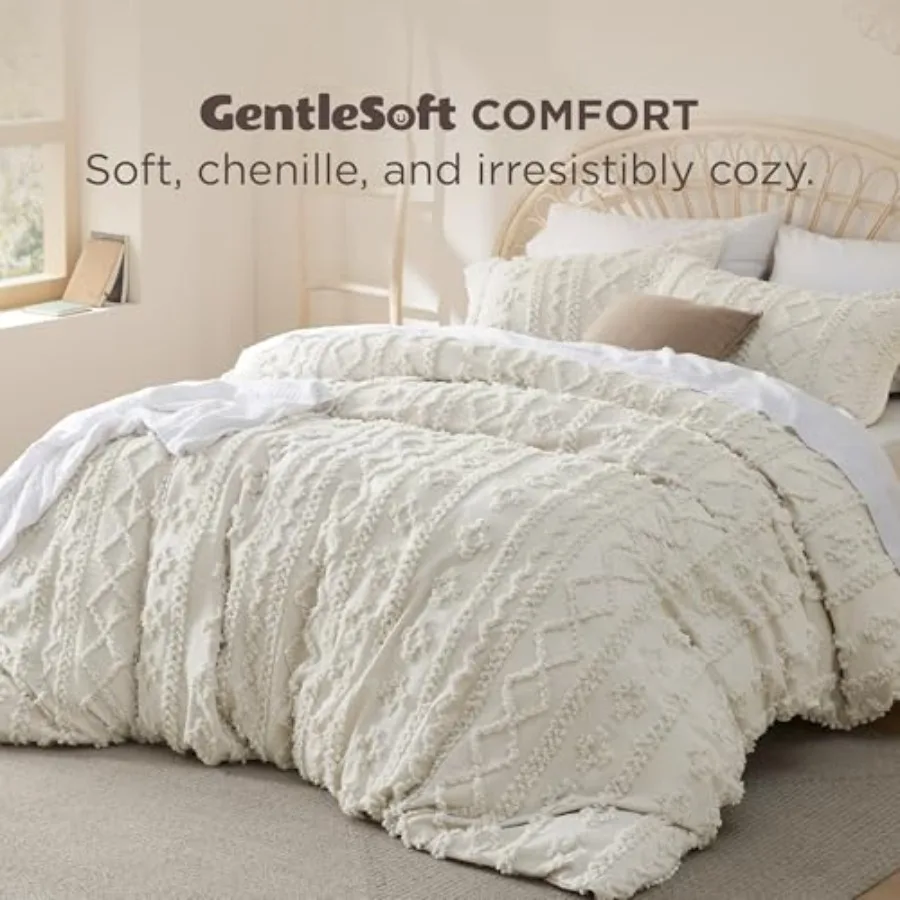 Boho Duvet Cover King, Tufted Embroidery, 3-Piece, Beige Soft Brushed Microfiber, Lightweight Comforter Cover, Zipper Closure,