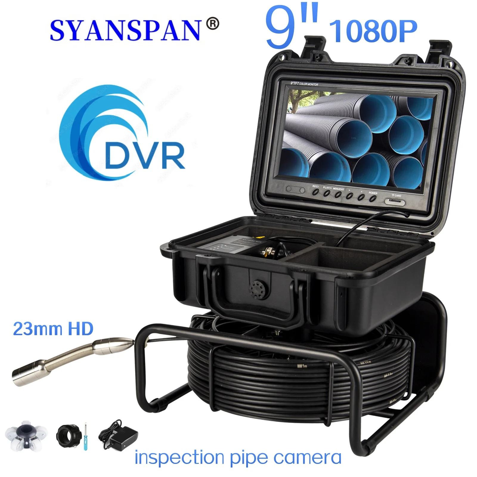 Pipe Camera 9 Inch HD1080P Screen,SYANSPAN Industrial Endoscope 8GB DVR Video+Audio Recording+8x Image Enlarger,Waterproof IP68