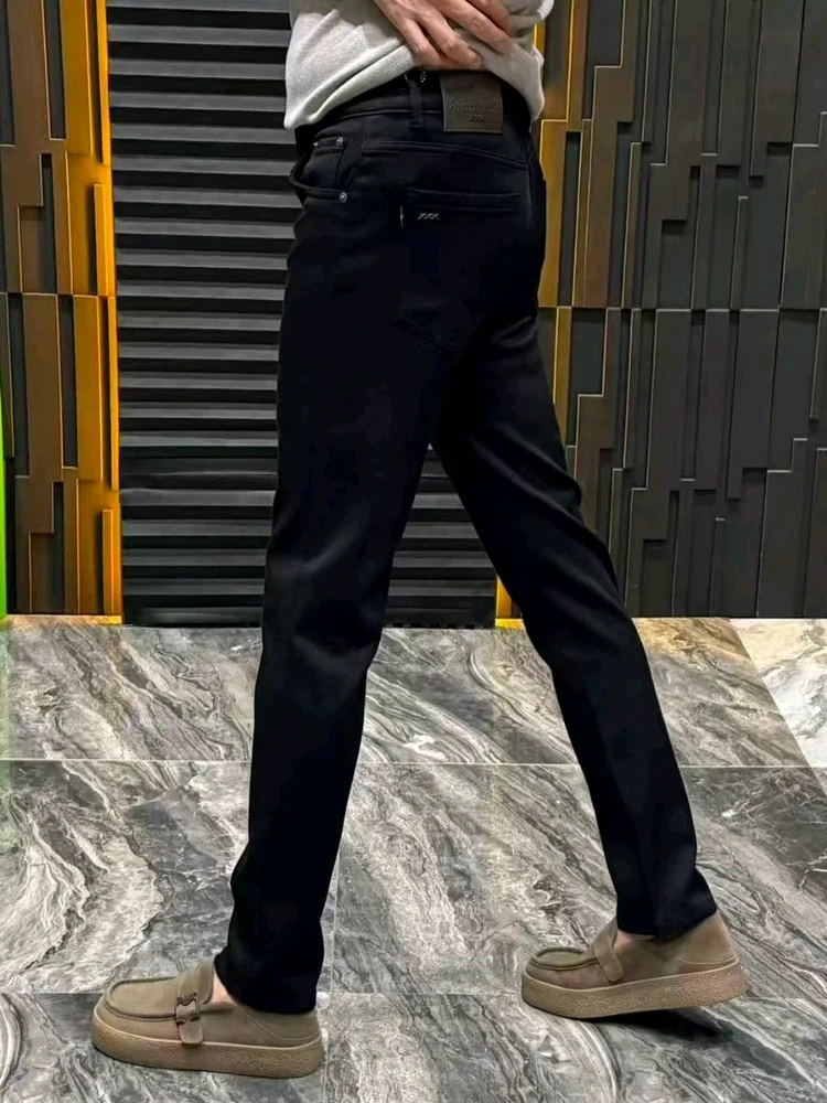 

High Quali Men's Fce Lined Denim Jeans Warm Faion Busin Sle Winter New Arrival Straight Leg Fit Stand Waist