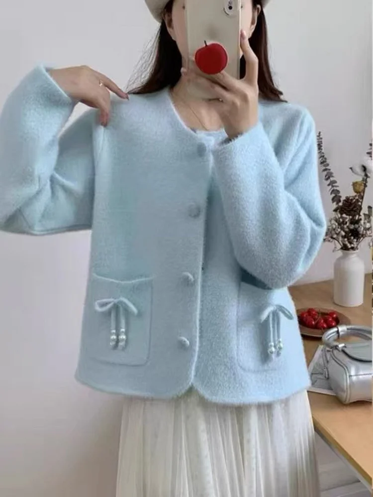 

Sle round Ne Open Cardigan Artificial Mink Velvet Women's Autumn Winter New Sle High ade Sweet Top